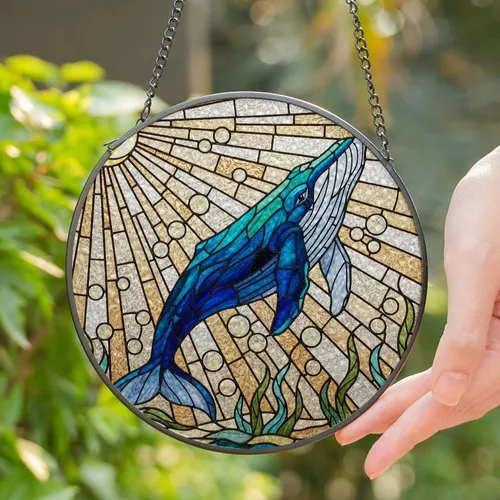 Whale Stained Glass Suncatcher - Tiffany Mosaic Art, Underwater Sunrays & Bubbles