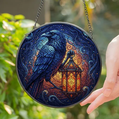 Stained Glass Raven Lantern - Intricate Gothic Celestial Mosaic Tiffany Inspired Art Stained Glass Suncatcher