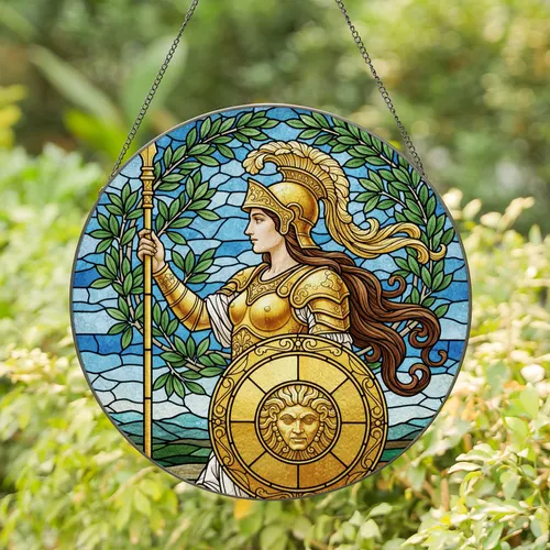 Athena Warrior Goddess Golden Shield Spear Stained Glass Mosaic Olive Wreath Landscape Stained Glass Suncatcher