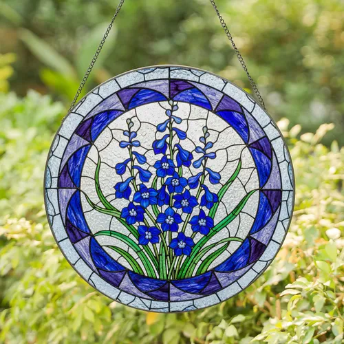 Blue Delphinium Tiffany Stained Glass Flowers - Floral Mosaic Art Home Decor Stained Glass Suncatcher