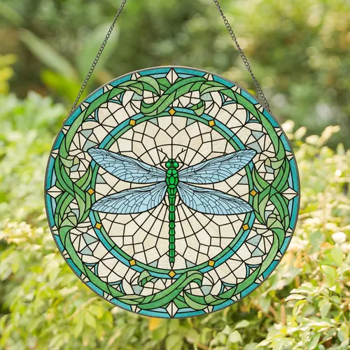 Emerald Green Dragonfly Tiffany Style Stained Glass Art with Circular Mosaic Patterns Stained Glass Suncatcher