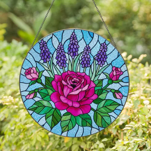 Magenta Rose Pink Rosebuds Purple Flowers Blue Mosaic - Tiffany Style Stained Glass Floral Art Stained Glass Suncatcher