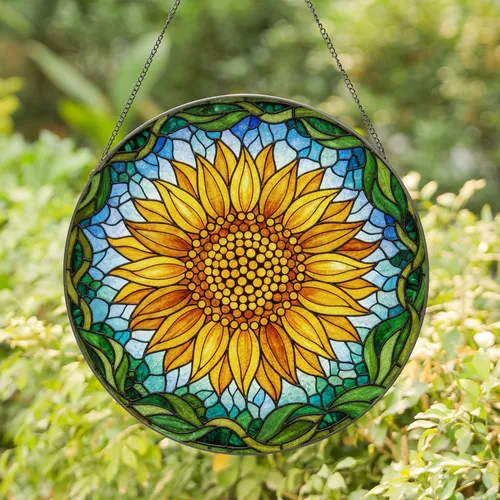 Radiant Sunflower Stained Glass Mosaic with Textured Petals, Sky & Foliage Background Stained Glass Suncatcher