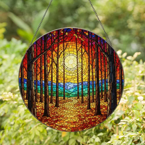 Autumn Forest Path Mosaic Stained Glass Window Decor - Jewel Tone Full Moon Forest Art Stained Glass Suncatcher