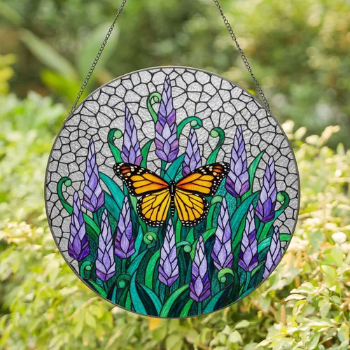 Monarch Butterfly Stained Glass Art with Lavender Flowers & Mosaic - Tiffany Style Decor Stained Glass Suncatcher