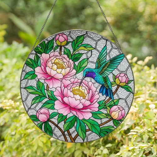 Iridescent Hummingbird Pink Peony Stained Glass Window Art - Jewel Tone Tiffany Mosaic Stained Glass Suncatcher