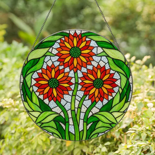 Dahlia Flowers Stained Glass Mosaic Window Art - Glowing Jewel Tones Home Decor Gift Stained Glass Suncatcher