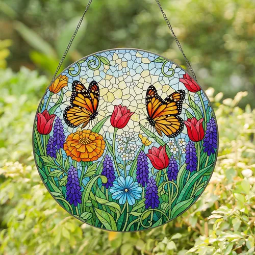 Stained Glass Monarch Butterfly Marigold Hyacinth Tulip Flowers - Tiffany Jewel Tone Art Stained Glass Suncatcher