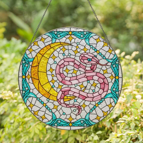 Pink Serpent Golden Moon Stars Stained Glass Art - Tiffany Style Jewel Tone Mosaic Stained Glass Suncatcher