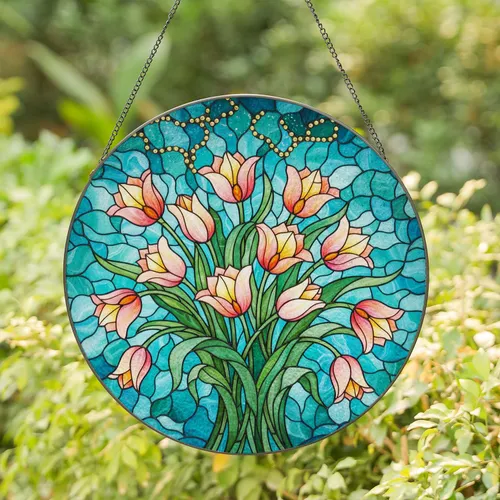 Blooming Tulips Tiffany Stained Glass Art Jewel Tones Teal Aqua Mosaic Decor Stained Glass Suncatcher
