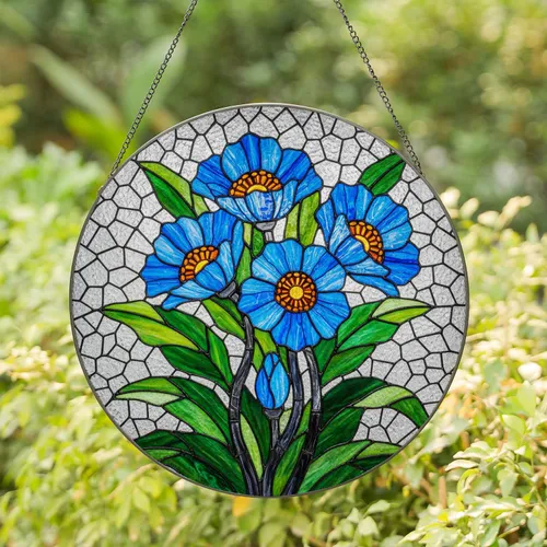Blue Poppy Stained Glass Floral Art - Tiffany Mosaic Bouquet with Dappled Light Effect Stained Glass Suncatcher