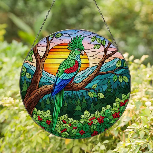 Stained Glass Crested Parrot Bird Mountain Sunset - Tiffany Emerald Ruby Sapphire Stained Glass Suncatcher