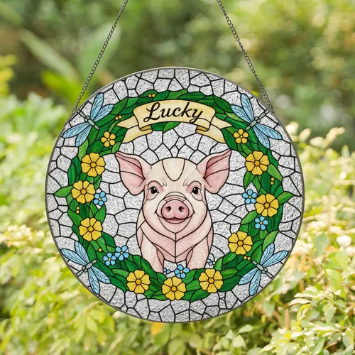 Lucky Baby Piglet Dragonflies Wildflowers Green Leaves - Stained Glass Look Window Decor Stained Glass Suncatcher