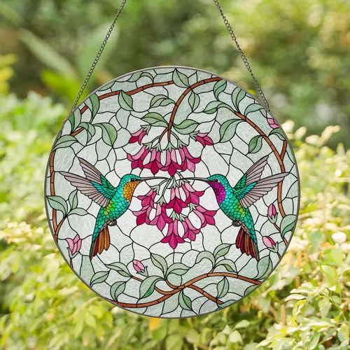 Hummingbird Stained Glass Art, Tiffany Style Pink Fuchsia Flowers, Jewel Tone Translucent Stained Glass Suncatcher