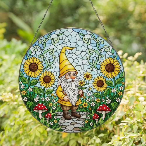 Stained Glass Garden Gnome Sunflowers Toadstools Yellow Hat Stone Path Tiffany Style Art Stained Glass Suncatcher
