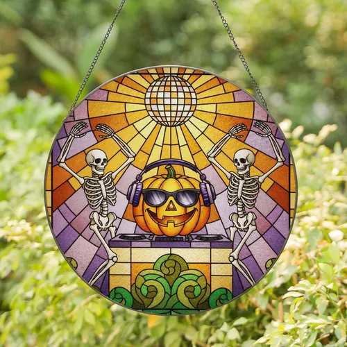 Grinning Jack-o'-lantern DJ Dancing Skeletons Disco Ball Halloween Party Stained Glass Style Decor Stained Glass Suncatcher