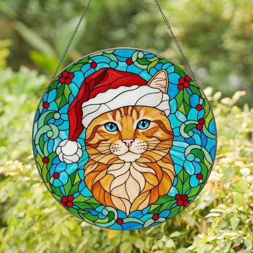 Ginger Tabby Cat Santa Hat, Holly Berries Stained Glass - Christmas Cat Lover Gift Stained Glass Suncatcher