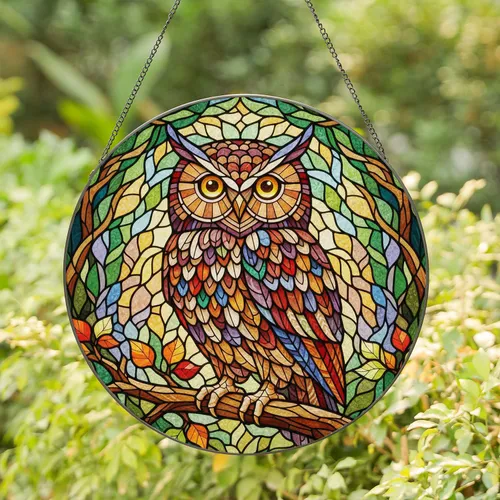 Intricate Stained Glass Owl on Gnarled Branch - Tiffany Style Forest Canopy Art Stained Glass Suncatcher