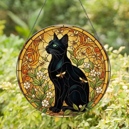 Black Cat Green Eyes Tiffany Stained Glass Golden Butterflies Floral Foliage Mosaic Stained Glass Suncatcher
