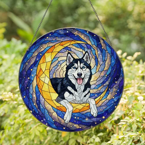 Husky Dog Black White Blue Eyes Golden Crescent Moon Galaxy Tiffany Stained Glass Stained Glass Suncatcher