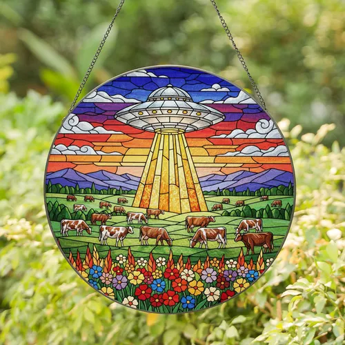 UFO Flying Saucer Stained Glass With Cows Grazing Rolling Hills & Radiant Tractor Beam Stained Glass Suncatcher