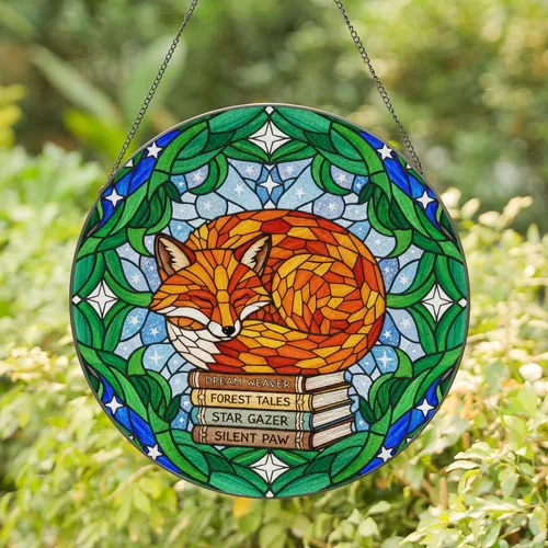 Sleeping Fox Books Stained Glass Tiffany Window Decor - Jewel Tone Leaf Mosaic Art Stained Glass Suncatcher