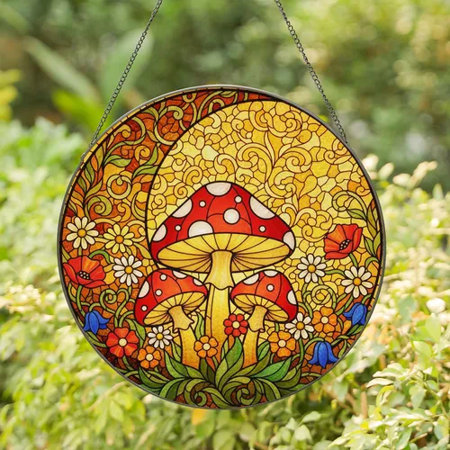 Mushroom Wildflower Crescent Moon Tiffany Glass Art - Glowing Nature Decor Gift Stained Glass Suncatcher