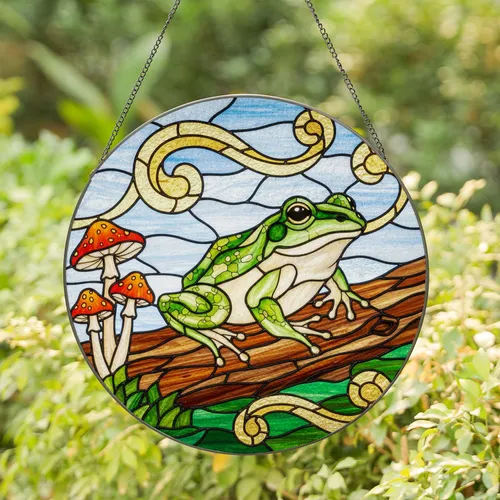 Green Frog on Log with Mushrooms - Tiffany Style Stained Glass Jewel Tones Art Stained Glass Suncatcher