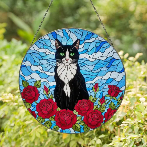 Green Eyed Tuxedo Cat Red Roses Tiffany Stained Glass Mosaic Gift for Cat Lovers Stained Glass Suncatcher