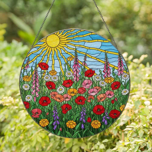 Stained Glass Wildflower Meadow Sun Ray Poppies Foxglove Tiffany Floral Window Art Home Decor Stained Glass Suncatcher