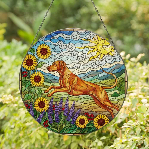 Amber Vizsla Dog Stained Glass Art, Colorful Sunflowers Lavender Mountains Tiffany Stained Glass Suncatcher