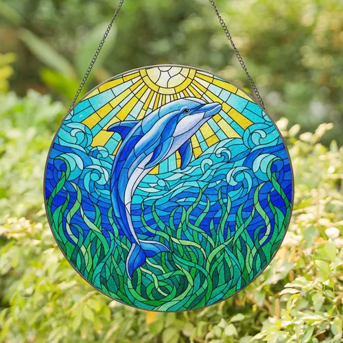 Leaping Bottlenose Dolphin Ocean Waves Seagrass - Tiffany Style Stained Glass Sunburst Jewel Tone Stained Glass Suncatcher