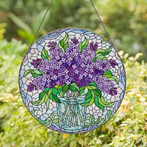 Tiffany Style Stained Glass Purple Lilac Flowers Bouquet Vase - Jewel Tones Abstract Art Stained Glass Suncatcher
