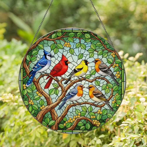 Six Distinct Songbirds Stained Glass Tiffany Style Tree Branch Art - Colorful Mosaic Jewel Tones Stained Glass Suncatcher