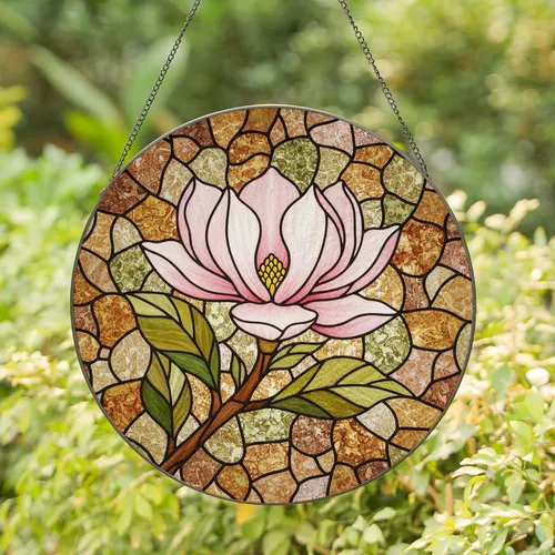 Stained Glass Magnolia Flower, Pink Petals Golden Stamen, Jewel Tones Mosaic Design Stained Glass Suncatcher
