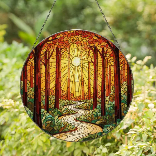 Stained Glass Forest River Sunbeam Autumn Leaves - Tree Canopy Glowing Nature Art Stained Glass Suncatcher