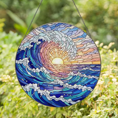 Tiffany Stained Glass Ocean Wave & Sunset Glow - Deep Blue Aquamarine Sea Art Decor Stained Glass Suncatcher