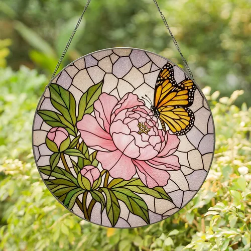 Pink Peony Monarch Butterfly Tiffany Stained Glass Art - Nature Lover Home Decor Gift Stained Glass Suncatcher