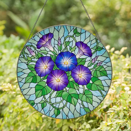 Edge-to-Edge Morning Glory Stained Glass - Tiffany Mosaic Jewel Tone Floral Art Stained Glass Suncatcher