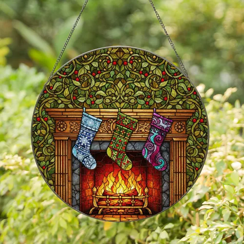Stained Glass Fireplace Christmas Stockings - Roaring Fire Holiday Jewel Tone Decor Stained Glass Suncatcher