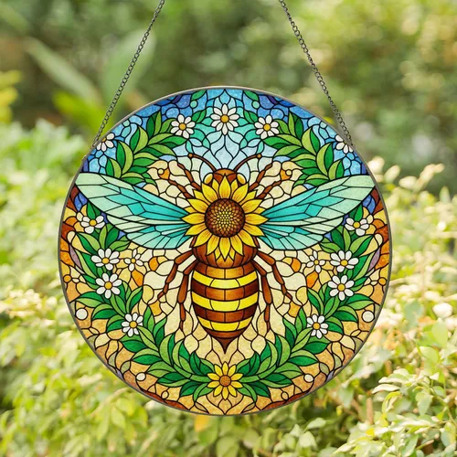 Majestic Bee Sunflower Tiffany Stained Glass Floral Mosaic - Nature Garden Decor Gift Stained Glass Suncatcher