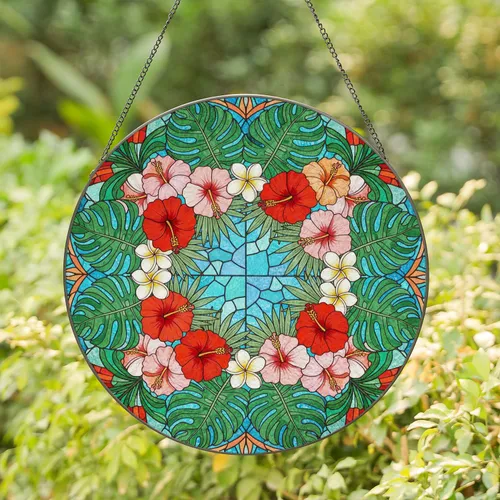 Detailed Tropical Hibiscus Plumeria Wreath Stained Glass Art - Monstera Leaf Garden Stained Glass Suncatcher