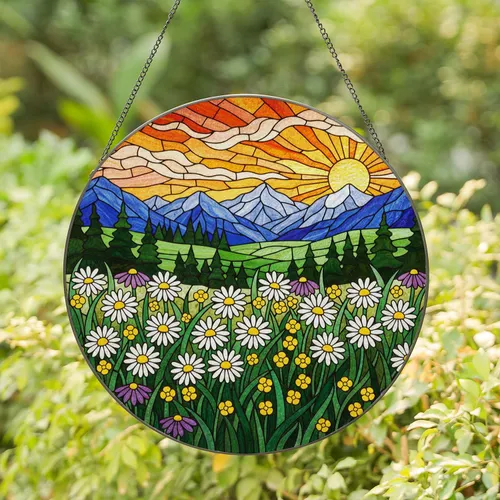 White Daisies Wildflowers Green Hills Mountains Sunset Sky Tiffany Stained Glass Stained Glass Suncatcher