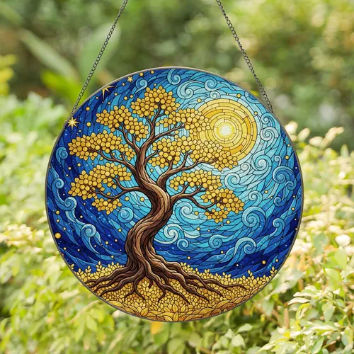 Majestic Tree Golden Leaves Moon Stars Rich Blue Night Sky Tiffany Stained Glass Stained Glass Suncatcher