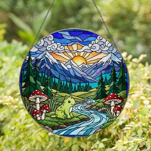 Green Creature Mossy Rock River Red Mushroom Mountain Peaks Pine Trees Sun Stained Glass Suncatcher