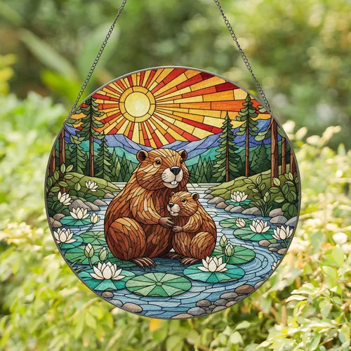Tiffany Beavers Water Lilies Setting Sun - Jewel Tone Forest Mountain Wildlife Art Stained Glass Suncatcher