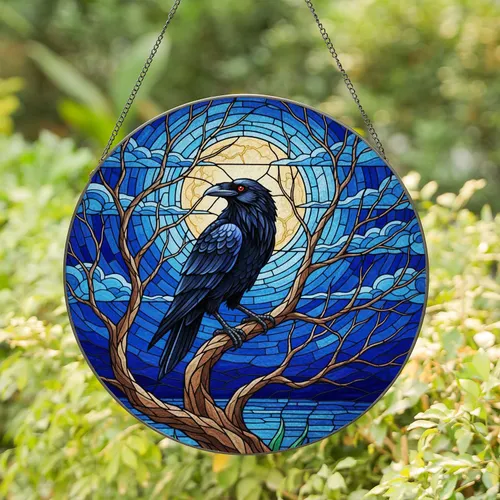 Stained Glass Raven & Full Moon Night Sky - Dark Tree Branch Red Eye Art Tiffany Stained Glass Suncatcher