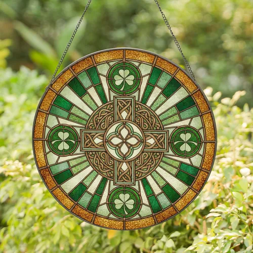 Ornate Celtic Cross Shamrock Knotwork Stained Glass Tiffany Style Quatrefoil Emerald Green Stained Glass Suncatcher