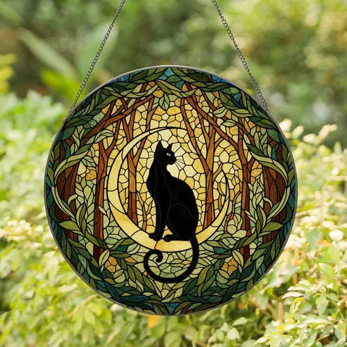 Dark Cat Crescent Moon Stained Glass Window - Tiffany Style Jewel Tone Leaf Mosaic Stained Glass Suncatcher