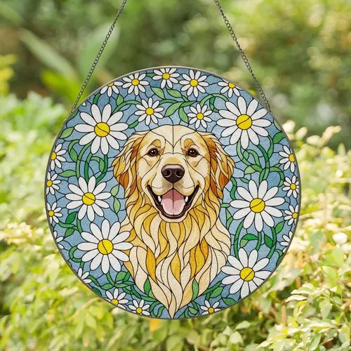 Smiling Golden Retriever Dog Tiffany Style Stained Glass Daisies Jewel Tone Floral Mosaic Stained Glass Suncatcher